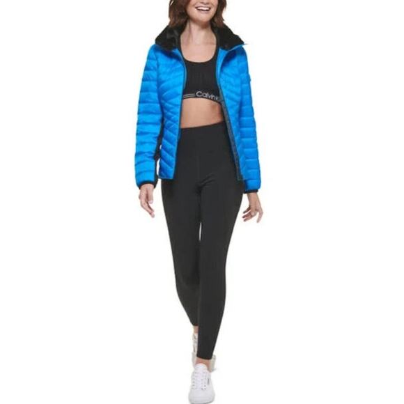 CALVIN KLEIN PERFORMANCE Puffer Coat Medium Blue Black Hooded Mixed-Media NWT - Picture 1 of 11